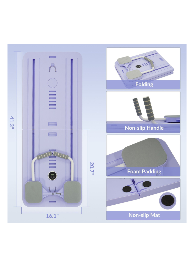 Dimensions and details of the purple Pilates sliding board, showing folding design, non-slip handle, foam padding, and non-slip base.
