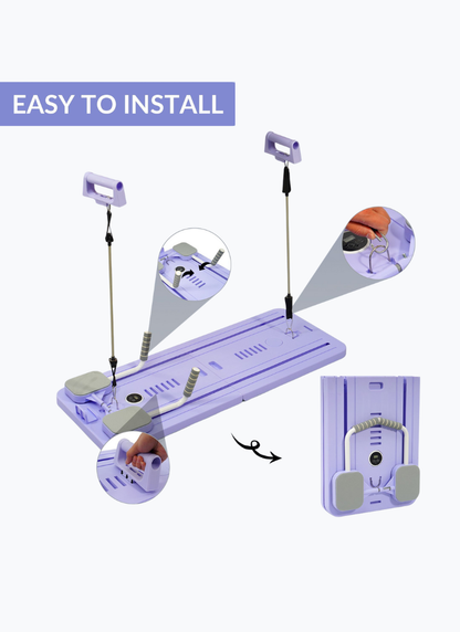 Installation guide for the Pilates sliding board, showing how to attach resistance bands and fold the board for storage.