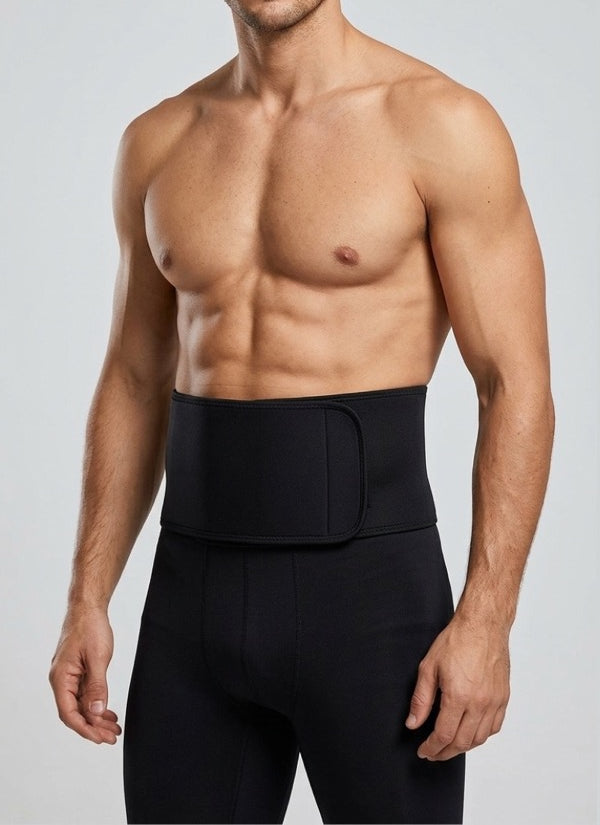 A shirtless muscular man wearing a black waist trainer belt and black high-waisted compression pants against a light gray studio background.