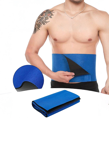A blue and black waist trainer support belt shown on a shirtless male model, with the folded belt and a circular inset detail of the product on a white background.