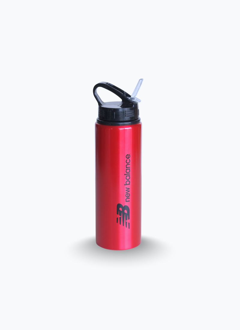 A red New Balance water bottle with a black lid and clear straw, shown on a light gray background.
