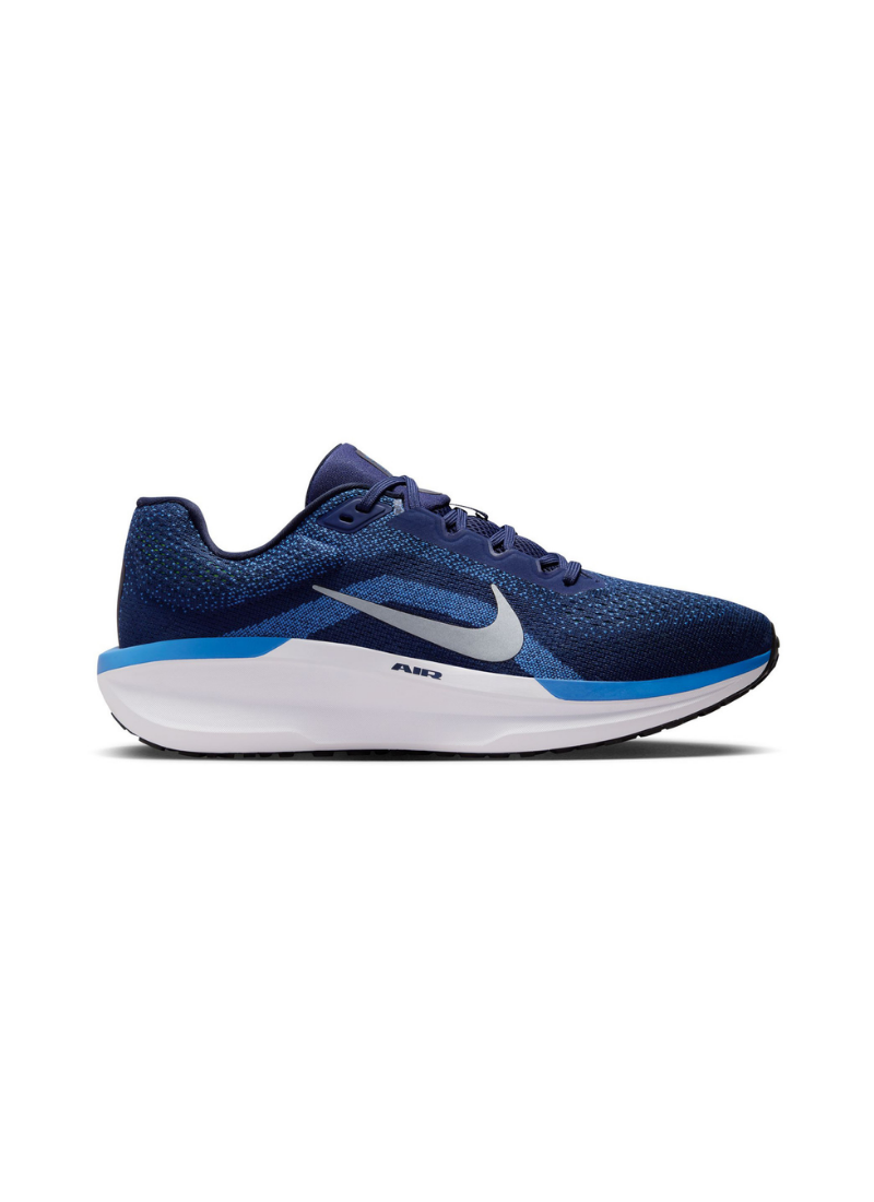 Lateral side view of the Nike Winflo 11 men's running shoe in navy blue, featuring a silver metallic Swoosh, blue heel clip trim, and a thick white foam midsole.
