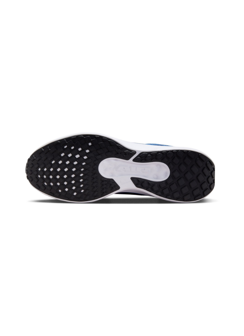 Bottom outsole view of the Nike Winflo 11 running shoe, showing the black waffle-textured rubber traction pattern and white central groove with debossed Air logo.