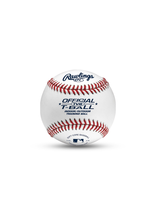 White baseball with red stitching on a white background, featuring Rawlings branding.