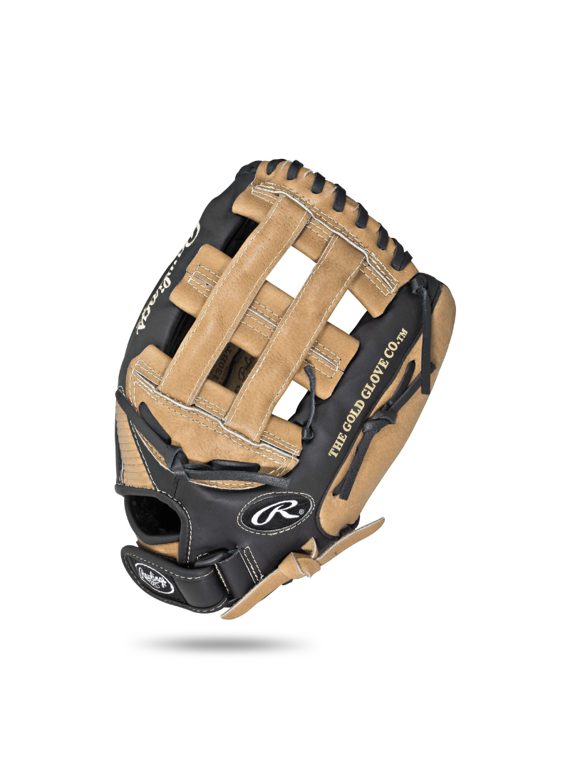 A Rawlings baseball glove in black and tan leather, shown floating against a solid white background with a soft drop shadow.