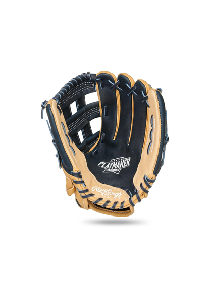 A Rawlings baseball glove in black and tan leather with black lacing and white branding text, shown on a clean white background with a soft drop shadow.