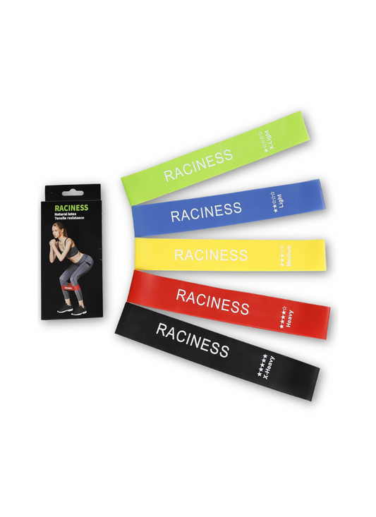 Set of resistance bands in various colors with 'Raciness' branding on a white background.