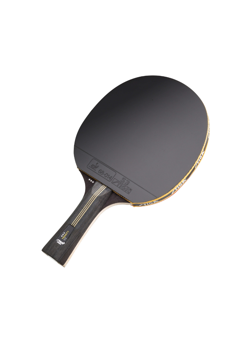STIGA Trinity V2 3-Star table tennis racket angled view showing black rubber face, gold edge tape, and dark concave handle
