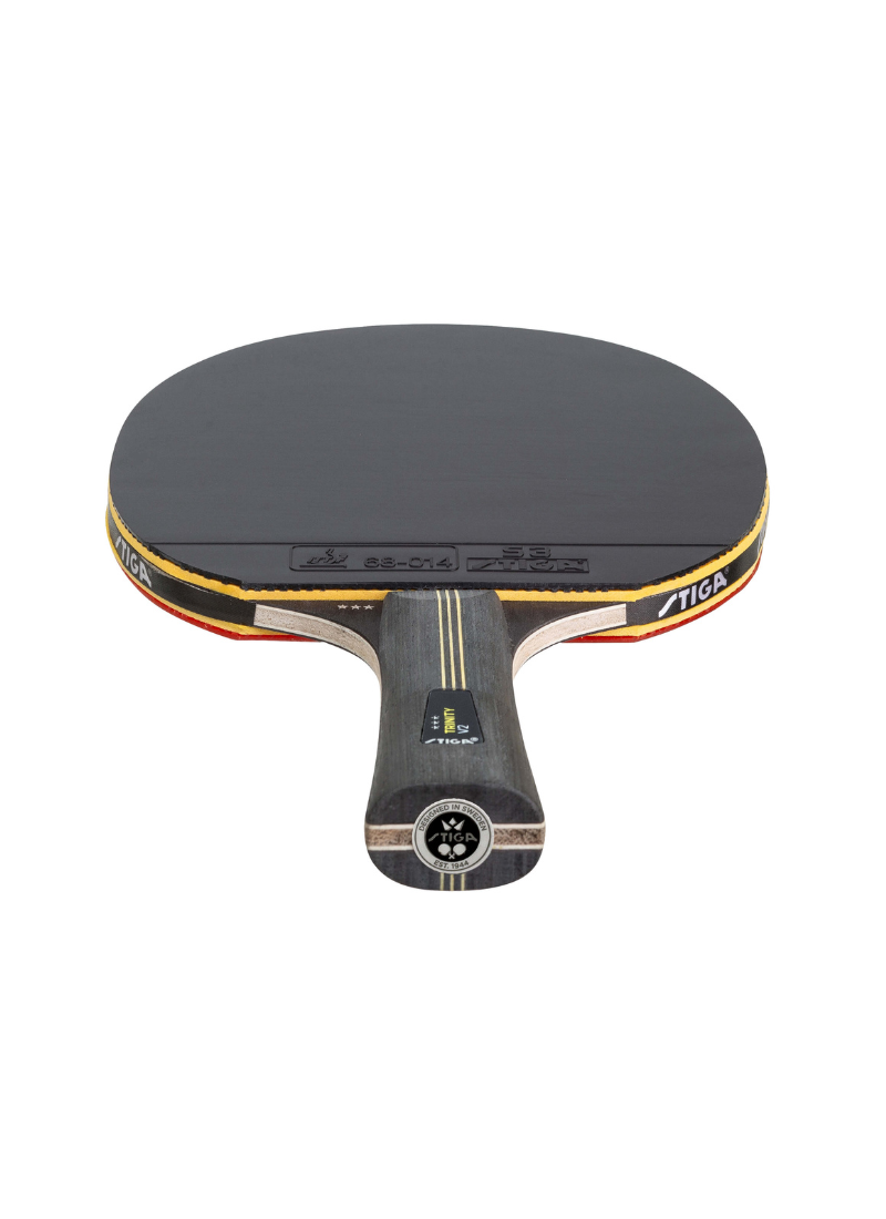 STIGA Trinity V2 3-Star table tennis racket overhead view showing black rubber face, gold and red edge tape, ITTF stamp, and STIGA branded butt cap