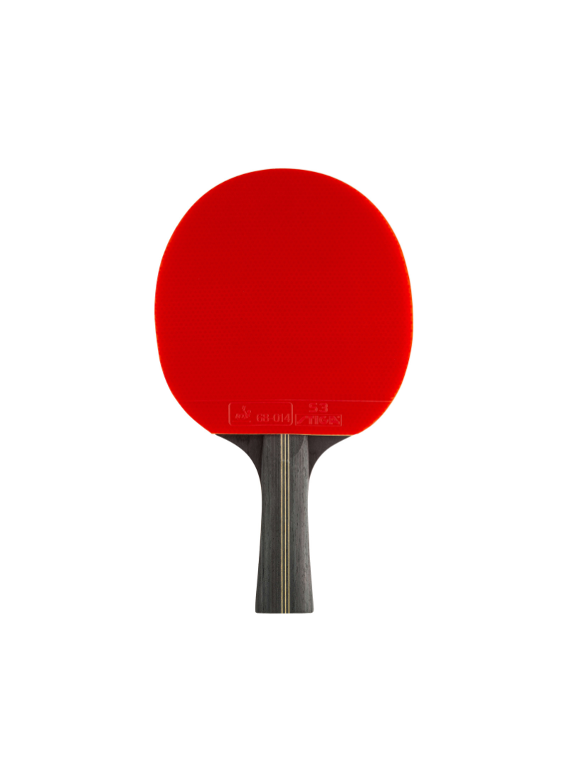 STIGA Trinity V2 3-Star table tennis racket front view showing red rubber face and dark concave handle with gold stripe detail