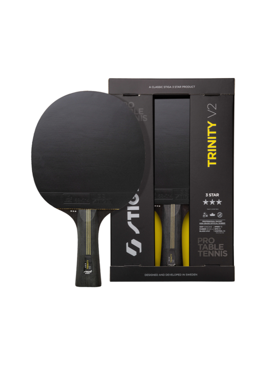 STIGA Trinity V2 3-Star table tennis racket shown alongside its black and yellow Pro Table Tennis packaging