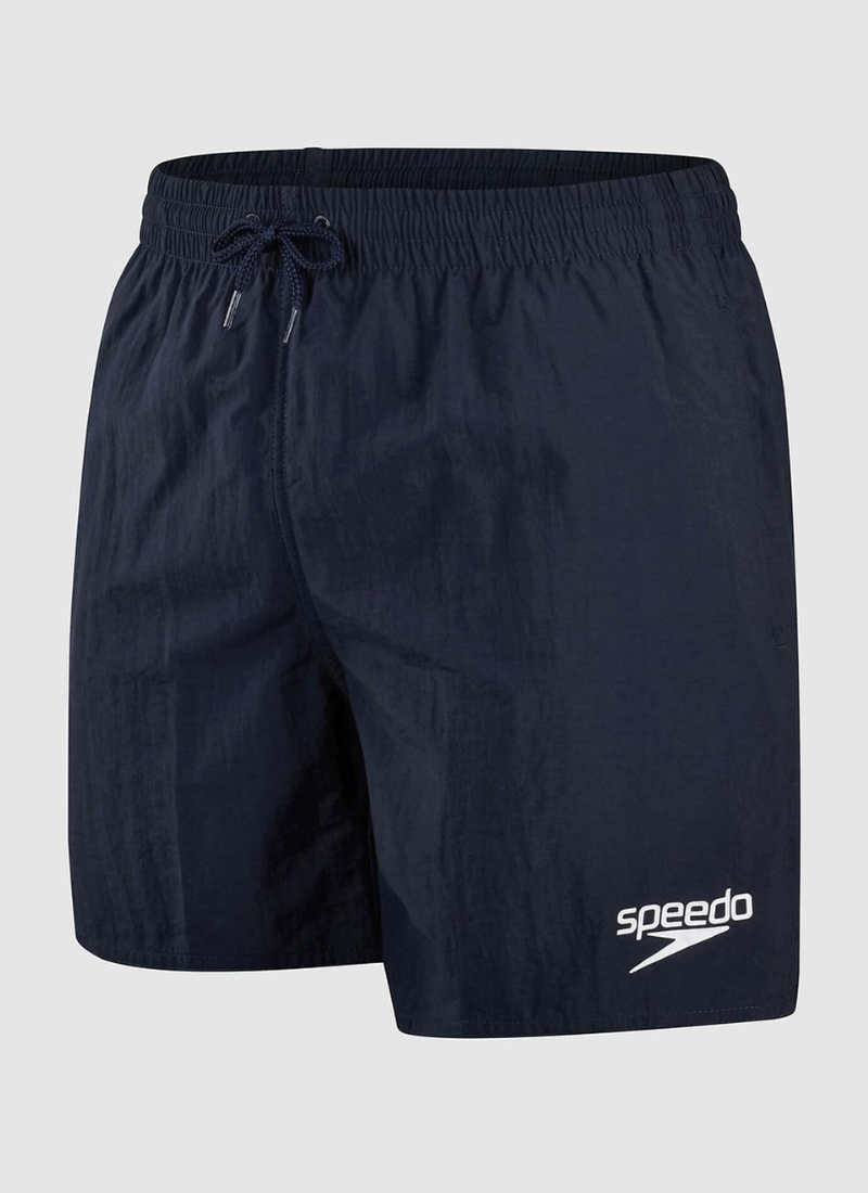 Navy swim shorts with Speedo logo on a light gray background