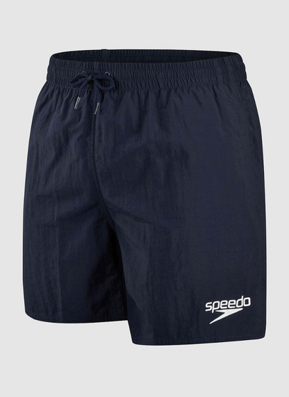 Navy swim shorts with Speedo logo on a light gray background