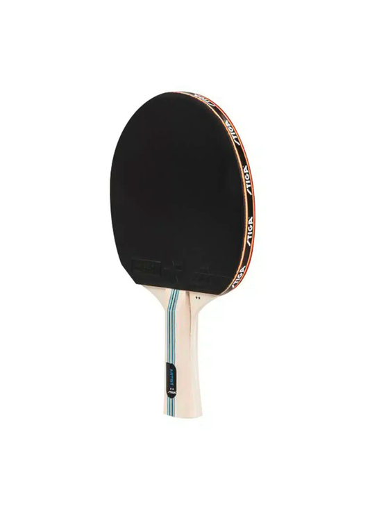 STIGA Artist 2-Star table tennis racket angled view showing black rubber face, branded edge tape, and natural wood concave handle with teal stripe detail