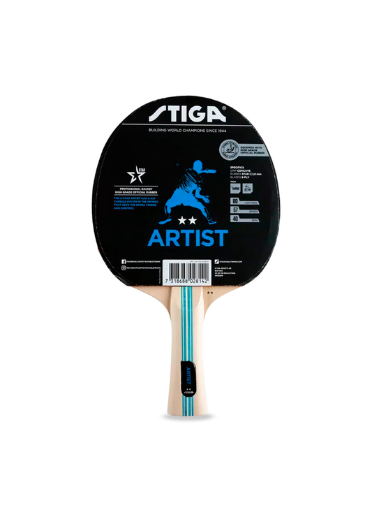 STIGA Artist 2-Star table tennis racket in original packaging showing ARTIST branding, product specifications, and performance ratings