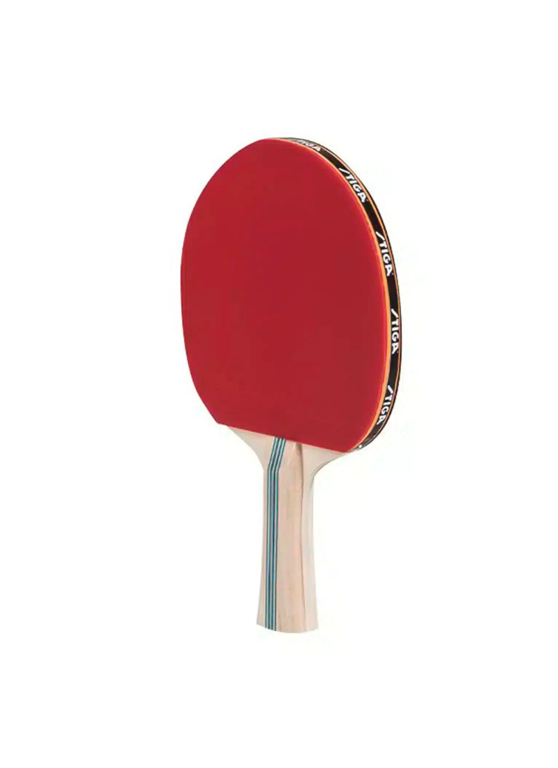 STIGA Artist 2-Star table tennis racket angled view showing red rubber face, branded edge tape, and natural wood concave handle with teal stripe detail