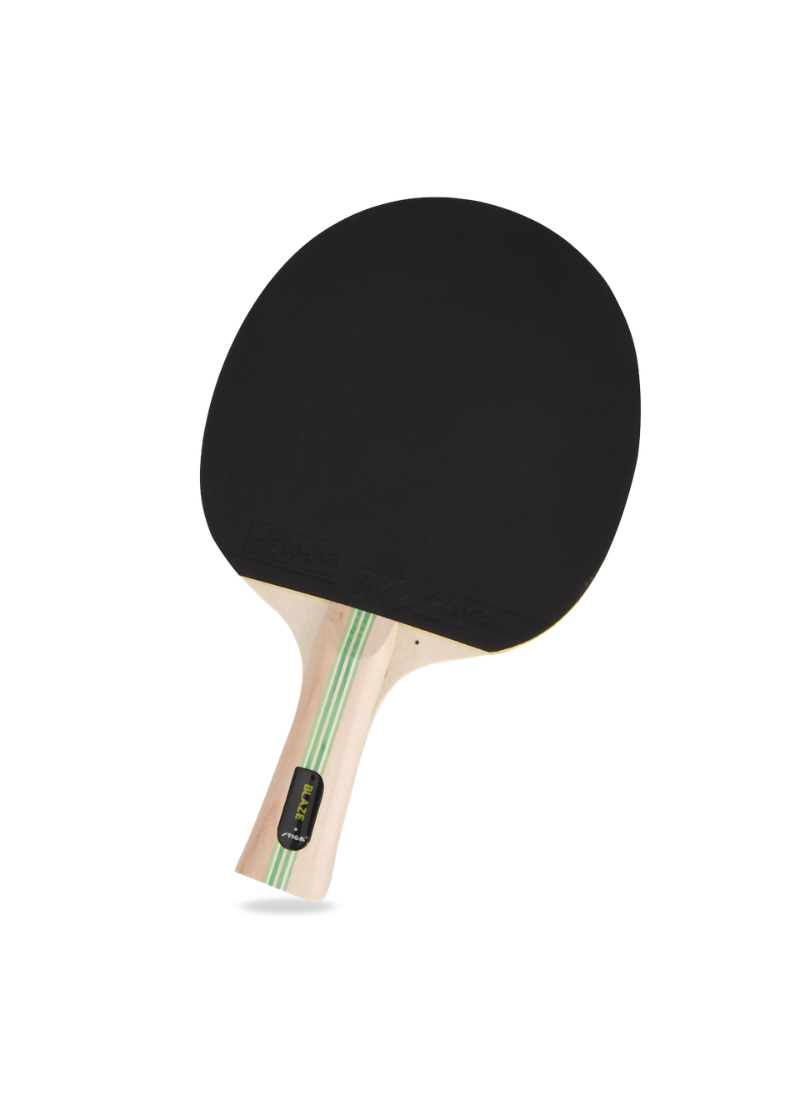 STIGA Blaze 1-Star table tennis racket angled rear view showing black rubber face, BLAZE model label, and natural wood concave handle with green stripe detail