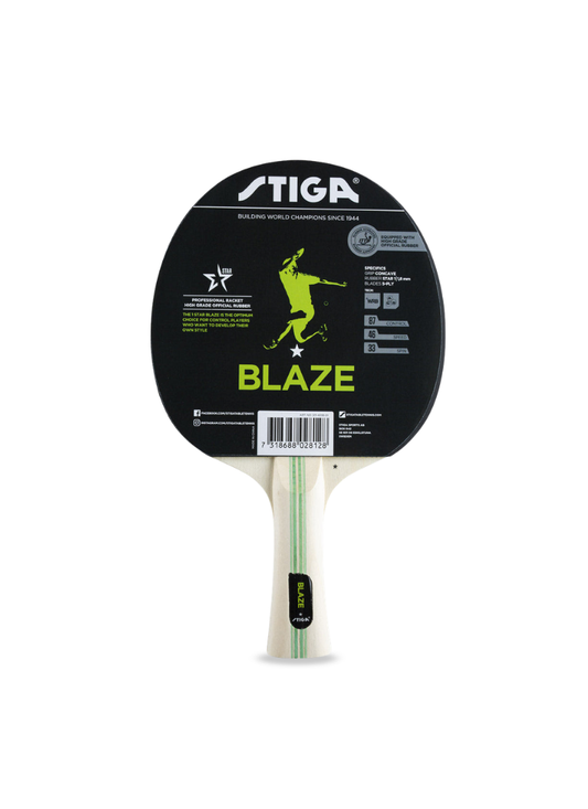 STIGA Blaze 1-Star table tennis racket in original packaging showing BLAZE branding, product specifications, and performance ratings