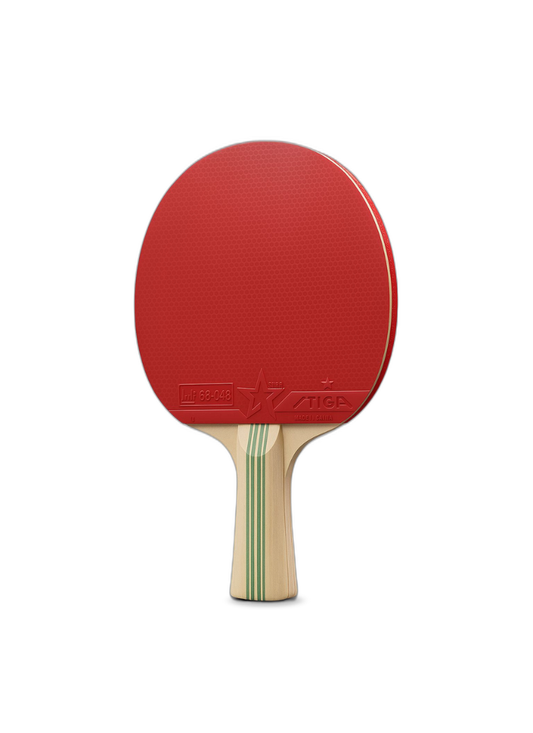 STIGA Blaze 1-Star table tennis racket front view showing red rubber face with ITTF approval stamp and natural wood concave handle with green stripe detail