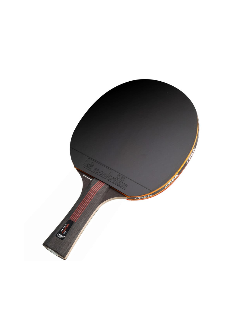 STIGA Flexure V2 5-Star table tennis racket angled view showing black rubber face, gold and red branded edge tape, and dark concave handle with red stripe detail