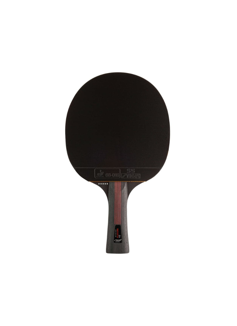 STIGA Flexure V2 5-Star table tennis racket front view showing black rubber face with ITTF approval stamp, five-star rating, and dark concave handle with red stripe detail