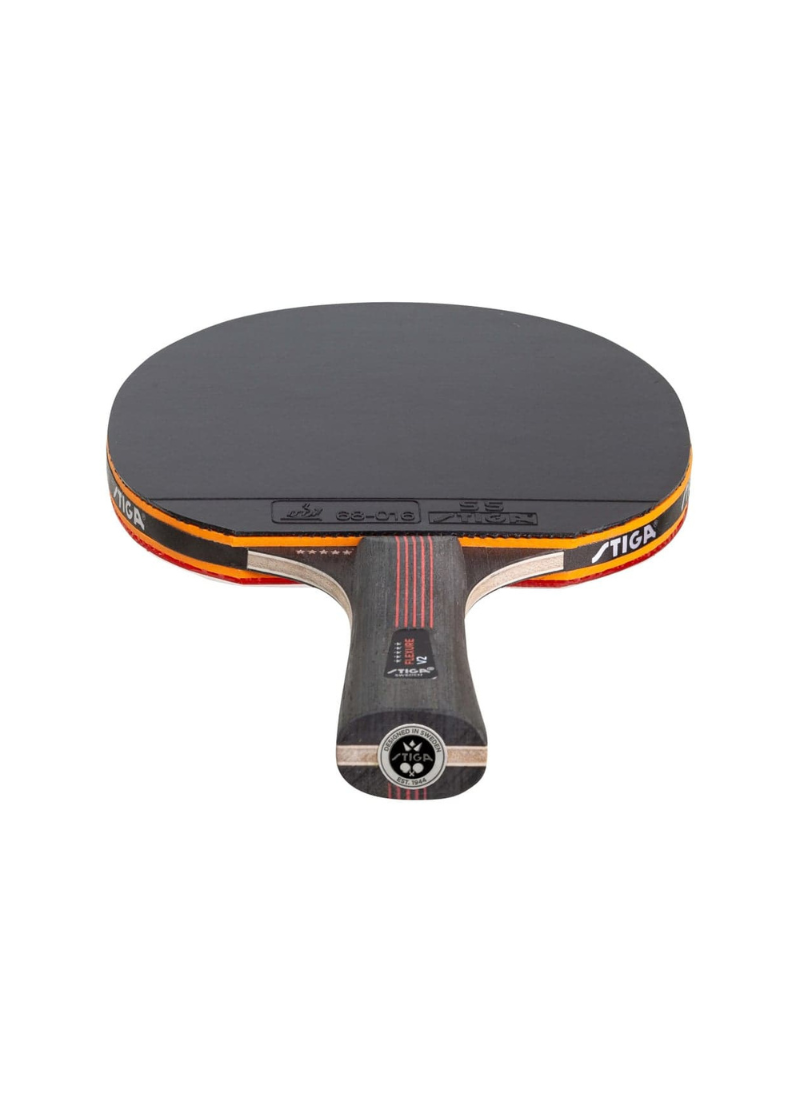 STIGA Flexure V2 5-Star table tennis racket overhead view showing black rubber face, gold and red branded edge tape, and STIGA branded butt cap