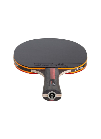 STIGA Flexure V2 5-Star table tennis racket overhead view showing black rubber face, gold and red branded edge tape, and STIGA branded butt cap