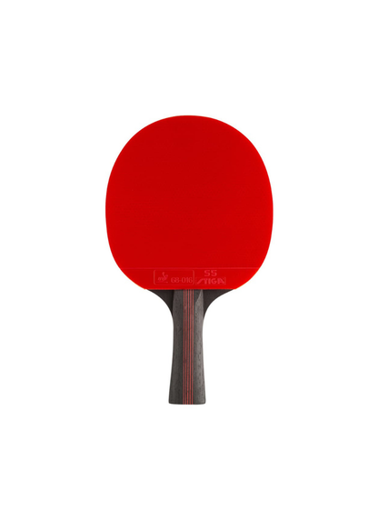 STIGA Flexure V2 5-Star table tennis racket front view showing red rubber face with ITTF approval stamp and dark concave handle with red stripe detail