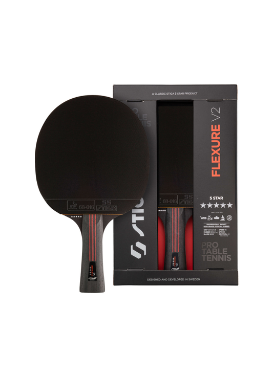 STIGA Flexure V2 5-Star table tennis racket shown alongside its black Pro Table Tennis packaging