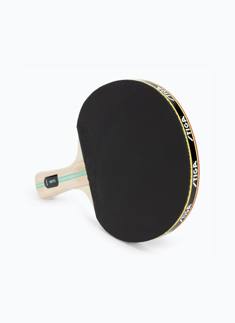 STIGA Hobby Clash table tennis racket angled view showing black rubber face and branded edge tape