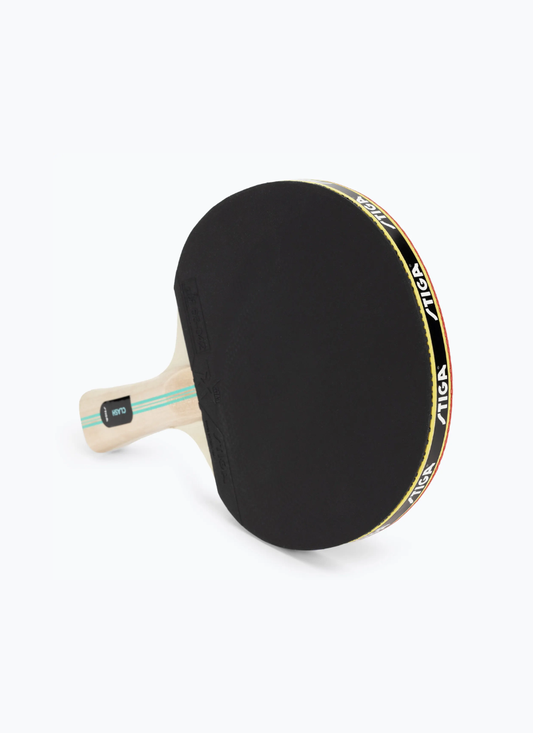 STIGA Hobby Clash table tennis racket angled view showing black rubber face and branded edge tape