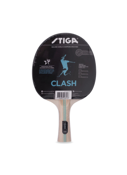 STIGA Hobby Clash table tennis racket in original packaging showing product specifications and CLASH branding