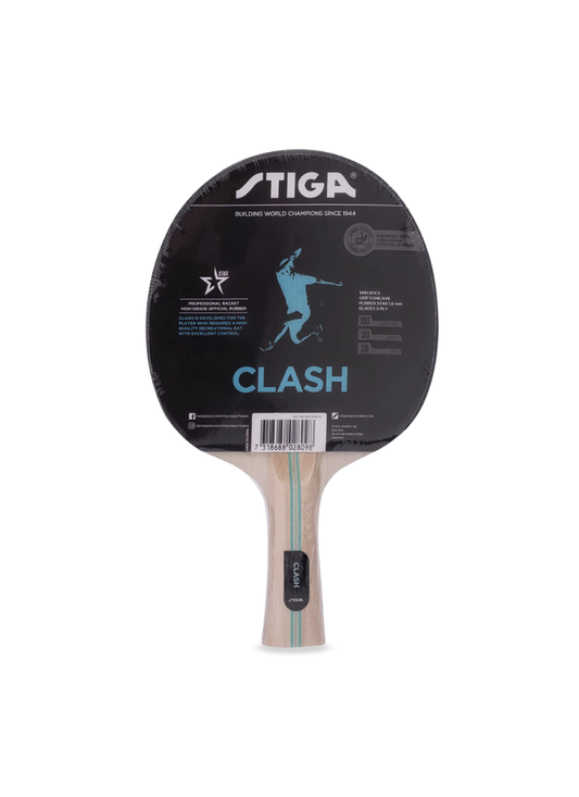 STIGA Hobby Clash table tennis racket in original packaging showing product specifications and CLASH branding