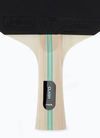 Close-up of STIGA Hobby Clash table tennis racket handle showing CLASH model label, teal stripe detail, and ITTF rubber approval stamp