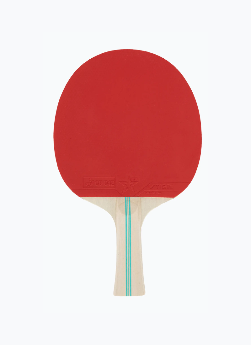 STIGA Hobby Clash table tennis racket front view showing red rubber face with ITTF approval stamp and concave wooden handle
