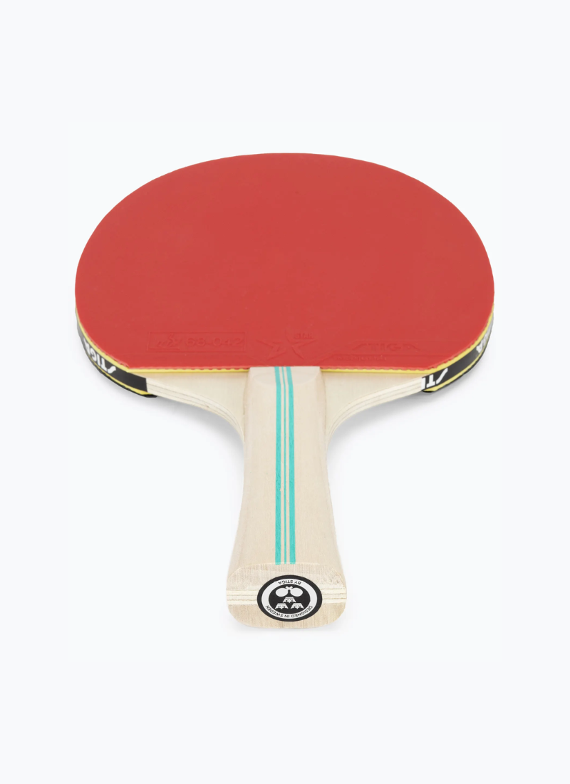 STIGA Hobby Clash table tennis racket overhead view showing red rubber face, edge tape, and STIGA branded handle butt cap