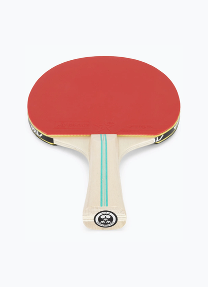 STIGA Hobby Clash table tennis racket overhead view showing red rubber face, edge tape, and STIGA branded handle butt cap