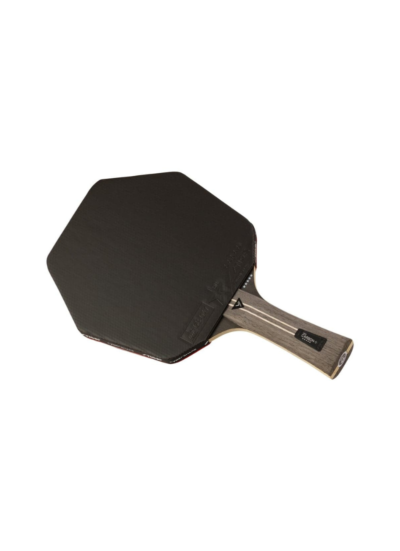 STIGA Pro Carbon Plus Cybershape 5-Star table tennis racket angled view showing black rubber face on patent-pending hexagonal blade and dark wood concave handle
