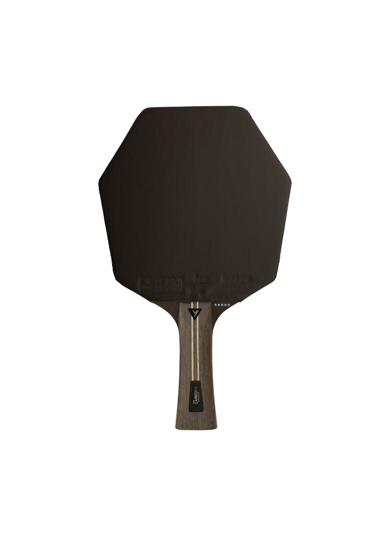 STIGA Pro Carbon Plus Cybershape 5-Star table tennis racket front view showing black rubber face on hexagonal Cybershape blade with five-star rating and dark wood concave handle