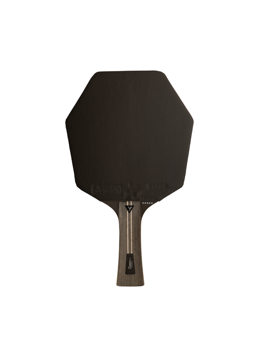 STIGA Pro Carbon Plus Cybershape 5-Star table tennis racket front view showing black rubber face on hexagonal Cybershape blade with five-star rating and dark wood concave handle