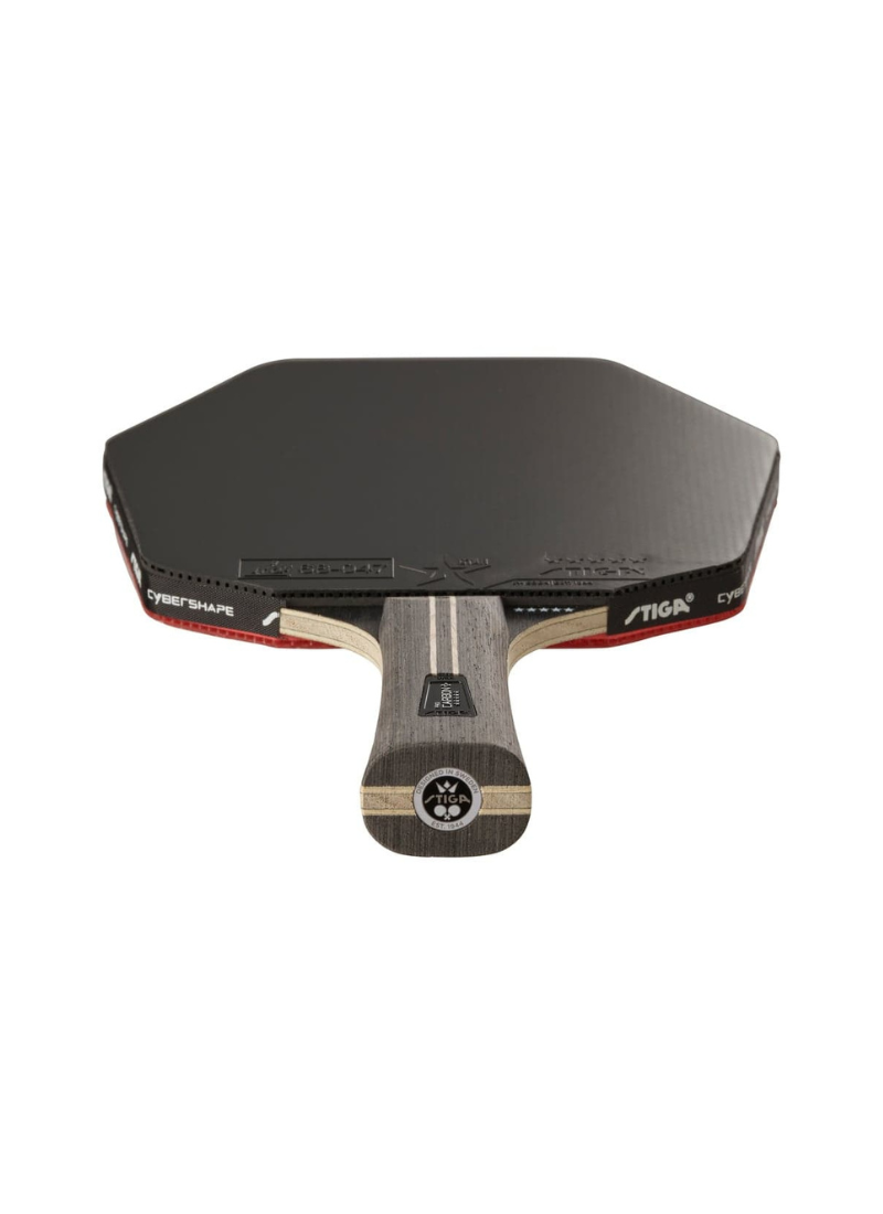 STIGA Pro Carbon Plus Cybershape 5-Star table tennis racket overhead view showing black rubber face, red and black Cybershape branded edge tape, and STIGA branded butt cap