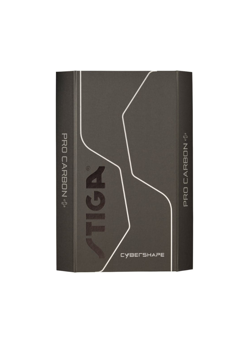 STIGA Pro Carbon Plus Cybershape 5-Star table tennis racket in closed premium dark grey gift box with embossed STIGA and Cybershape branding