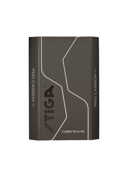 STIGA Pro Carbon Plus Cybershape 5-Star table tennis racket in closed premium dark grey gift box with embossed STIGA and Cybershape branding