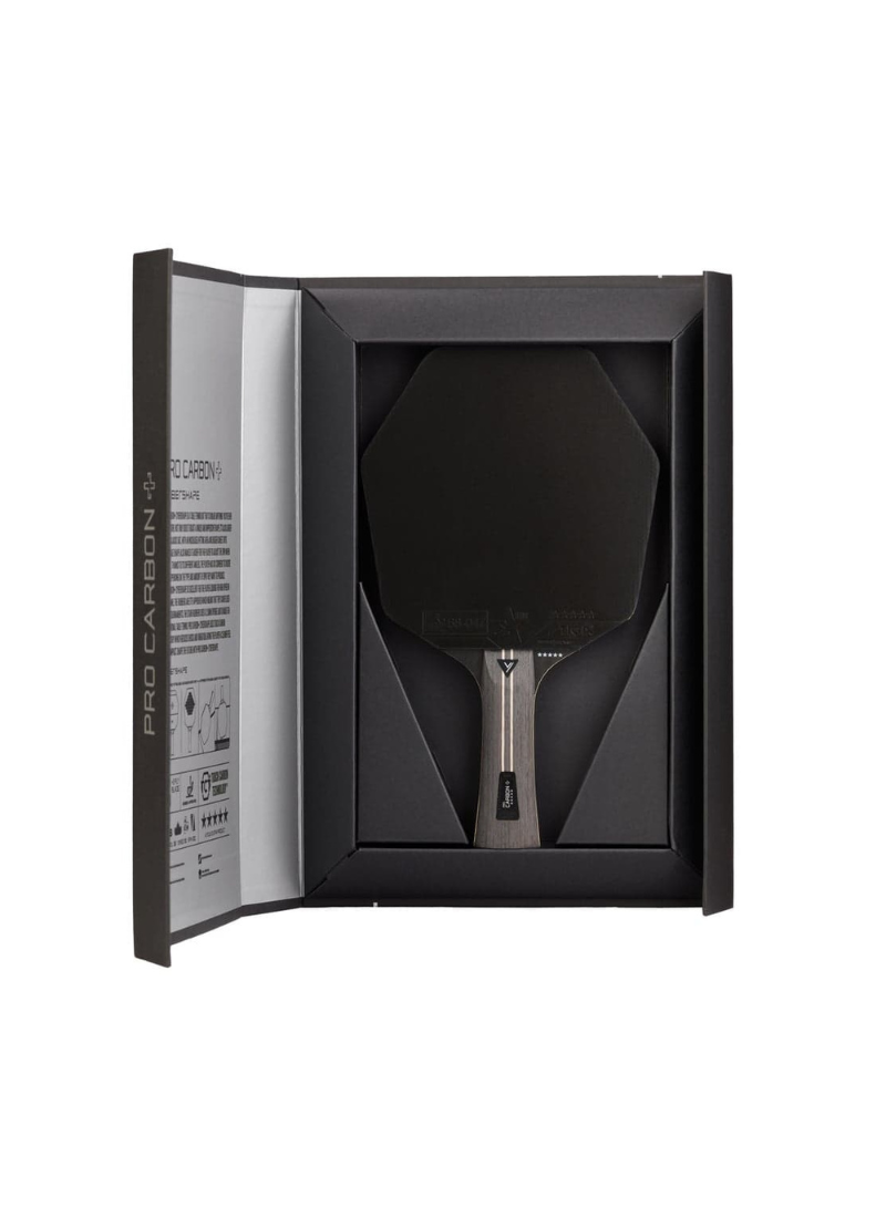 STIGA Pro Carbon Plus Cybershape 5-Star table tennis racket displayed in open premium gift box showing racket in fitted black foam insert