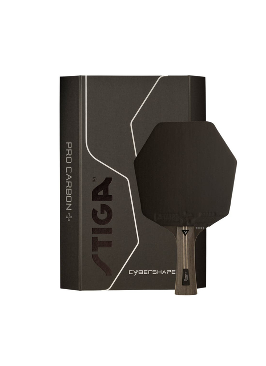 STIGA Pro Carbon Plus Cybershape 5-Star table tennis racket shown alongside its premium dark grey Cybershape gift box