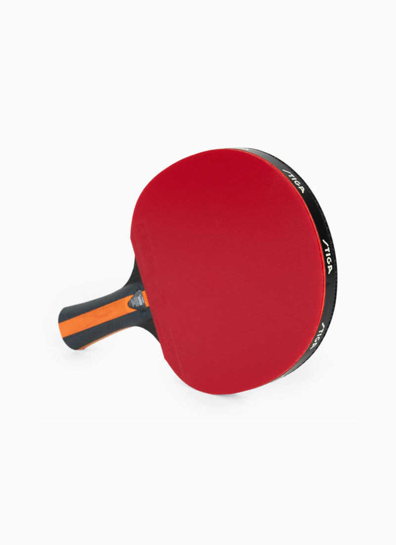 STIGA Vision 4-Star table tennis racket angled view showing red rubber face, black branded edge tape, and dark concave handle with orange stripe detail