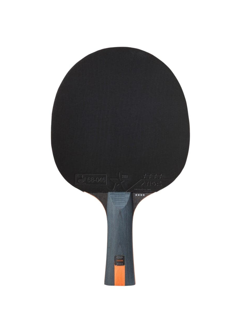 STIGA Vision 4-Star table tennis racket front view showing black rubber face with ITTF approval stamp and dark concave handle with orange stripe detail