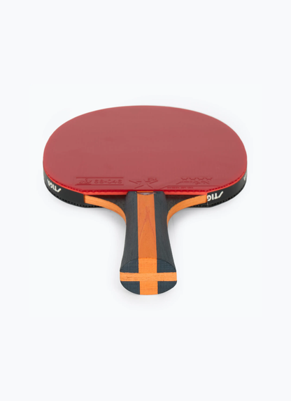 STIGA Vision 4-Star table tennis racket overhead view showing red rubber face, black branded edge tape, and orange cross-section butt cap