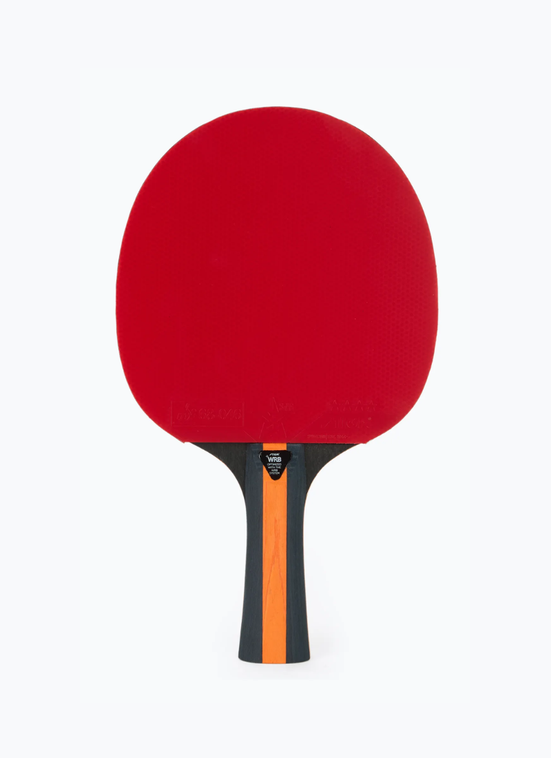 STIGA Vision 4-Star table tennis racket front view showing red rubber face with WRB badge and dark concave handle with orange stripe
