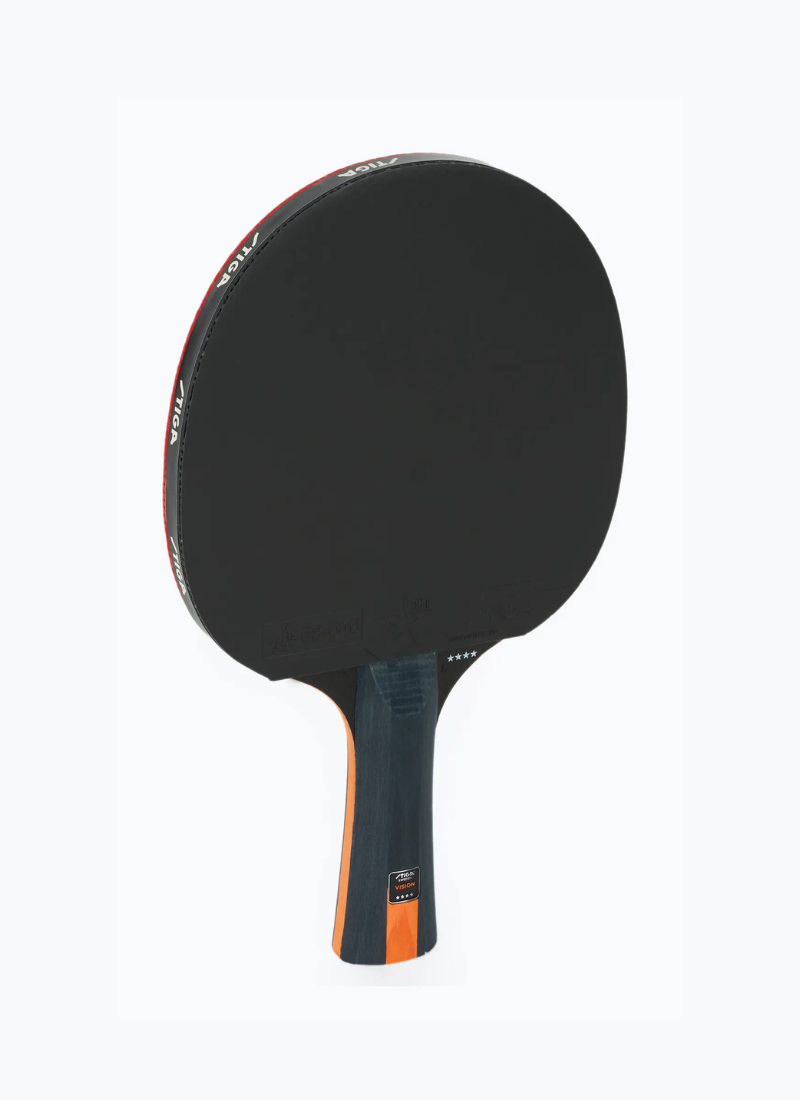 STIGA Vision 4-Star table tennis racket angled rear view showing black rubber face, red branded edge tape, and VISION model label on handle